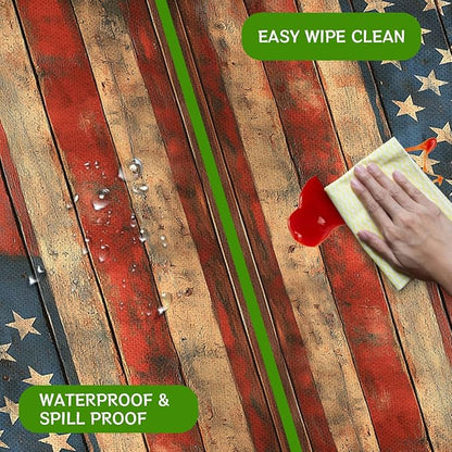 American Flag Picnic Table Cover with Bench Covers and Carrying Bag, Wooden Planks Texture Rectangle Table Cover, Outdoor Patio Camping Essentials 6FT 4PCS, Camping Fitted Tablecloth
