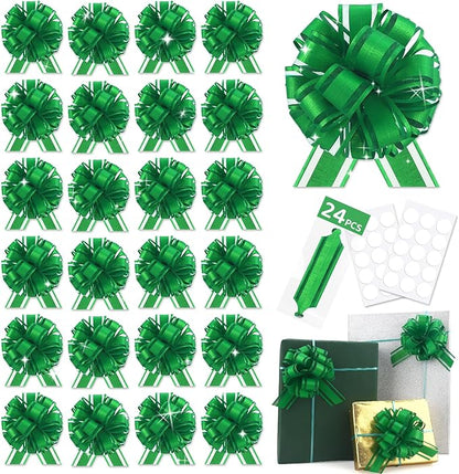 24pcs Green Pull Bow for Gift Basket Wrapping Xmas Gift Bows Adhesive Presents Wrap Ribbon Bow for Christmas Tree Ornament Wine Bottles Bouquet Flower Valentine's Day Party Decor (Green-G)