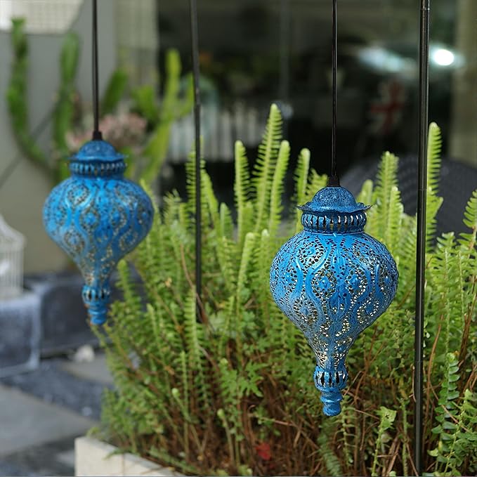 Moroccan Solar Lanterns Outdoor Waterproof Blue Hanging Lanterns Outdoor Ramadan Garden Decor Gardening Gifts for Women Mom Grandma Solar Lights for Patio, Pathway, Yard, Porch, Backyard.