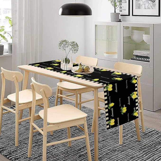 Lemon Table Runner,White Black Buffalo Plaid Watercolor Summer Fruit Print Table Runner for Kitchen Dining Table Indoor Outdoor Home Party Decor 13x70in