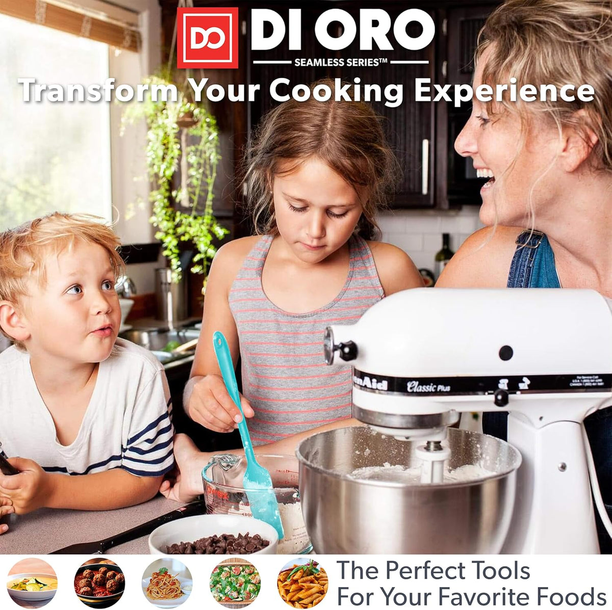 DI ORO Silicone Cooking Spoons - Large Mixing, Serving & Stirring - 600F Heat-Resistant Non-Stick - Big Solid & Slotted Basting Spoons