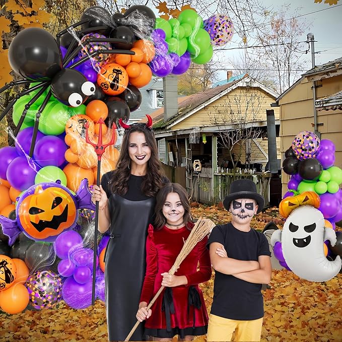 DBKL 159Pcs Halloween Balloons Garland Arch Kit, Ghost Pumpkin Foil Balloons with Black Orange Purple Fruit Green Confetti Balloon for Halloween Party Decorations
