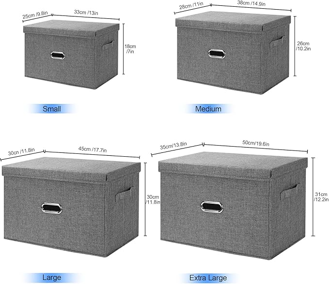 Large Linen Fabric Foldable Storage Bins with Removable Lid and Handles, Washable Storage Box Organizer Containers Baskets Cube with Cover for Bedroom,Office(Black, Large(2-Pack))
