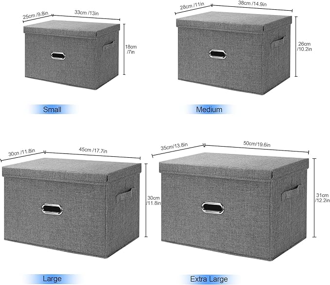 Large Linen Fabric Foldable Storage Bins with Removable Lid and Handles, Washable Storage Box Organizer Containers Baskets Cube with Cover for Bedroom,Office(Black, Large)