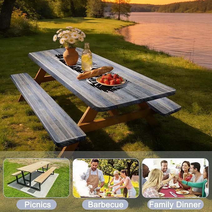 Picnic Table Cover with Bench Covers Windproof Waterproof Picnic Table Covers Camping Tablecloth with Self-Storage Bag, 72in, Gray Blue
