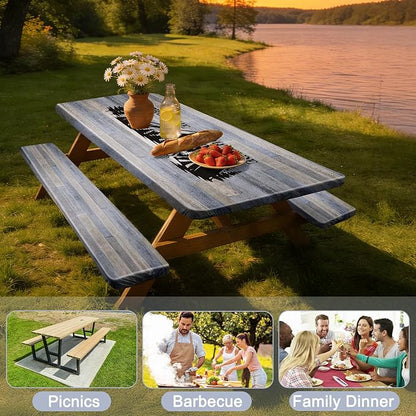 Picnic Table Cover with Bench Covers Windproof Waterproof Picnic Table Covers Camping Tablecloth with Self-Storage Bag, 72in, Gray Blue