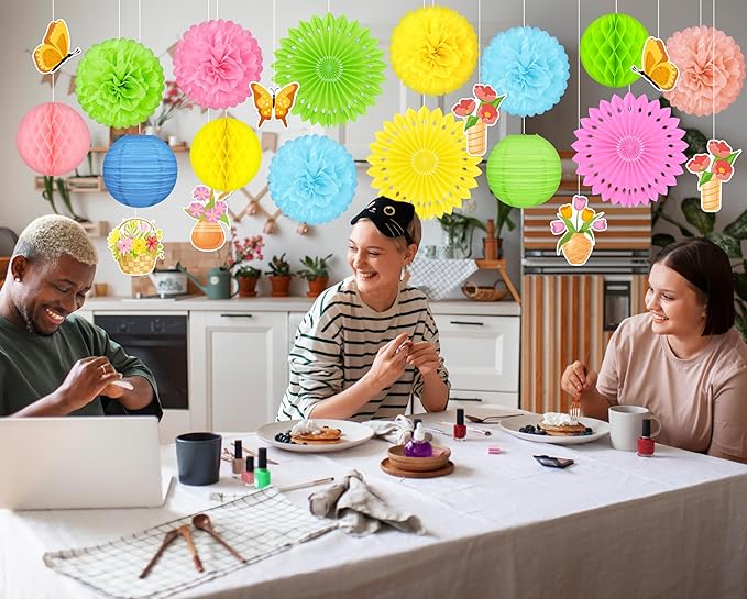22pcs Spring Decorations for Home – Hanging Paper Fans, Lanterns, Pom Poms, Hanging Swirls for Office, Classroom, Birthday Party, Indoor Outdoor Ceiling Decor