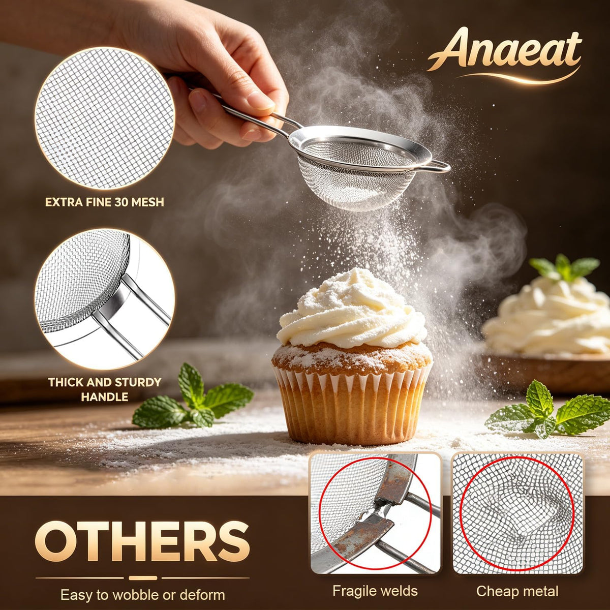 Anaeat Fine Mesh Strainers - Premium Stainless Steel Colander Sieve Sifters, with Durable Mesh and Sturdy Handle, Excellent for Sifting Dry ingredients, Flour, Pastas, Rice, Tea (5.5")
