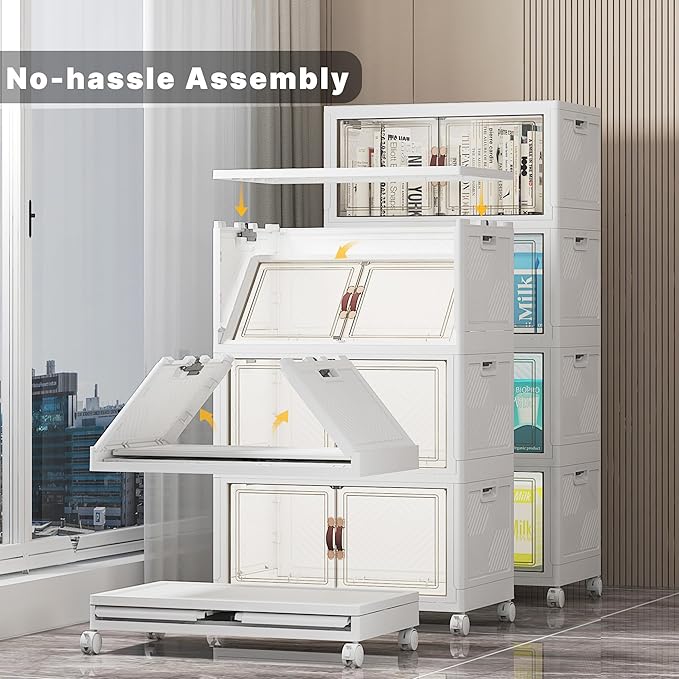 UAMFURI 384QT Lockable Storage Bins with Lids - Stackable Storage Cabinet with Doors and Wheels, Collapsible Plastic Organizer and Containers for Closets, Office, 8 Pack Cubes