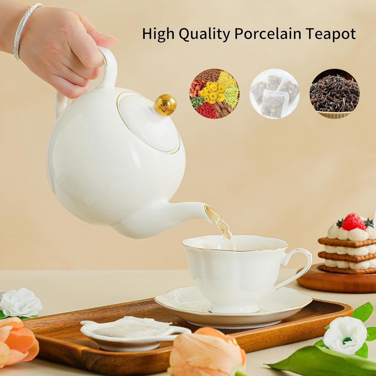 30oz White Porcelain Teapot, Classic design tea pot with Gold Trim, Beautiful white teapots for loose leaf tea and tea bags, Tea Party friendly