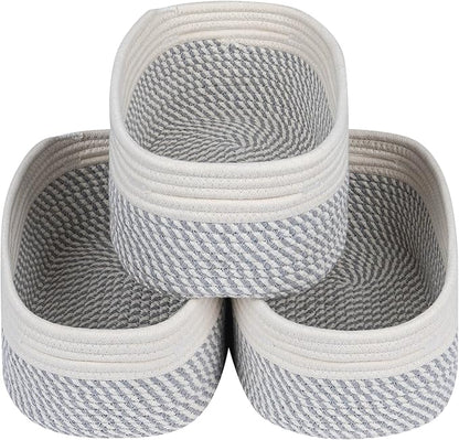 CubesLand Small Baskets, Storage Baskets for Organizing Shelves, Rectangular Woven Storage Basket Natural Cotton Rope Bins Closet Baby Nursery Empty Gifts Basket Off White/Mixed Gray