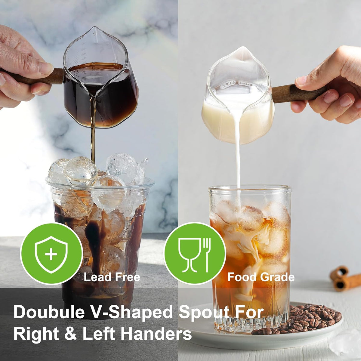 Joeyan 6 oz Glass Measuring Cup with Double Spouts,Borosilicate Espresso Shot Glasses with Wooden Handle