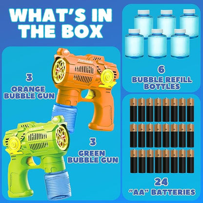 6-Pack Bubble Gun Set with Batteries – Automatic Bubble Blower Toys for Kids & Toddlers | 3 Green + 3 Orange Bubble Shooters with Solution Included | Outdoor Fun & Ready to Play