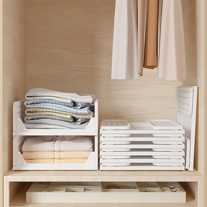 VECELO 4 Pack Plastic Closet Shelf Organizer, Stackable Sweater Storage Closet Drawers, Foldable Wardrobe Organizer, Easy Assembly, Durable and Space Saving for Closet, Bathroom, Kitchen, Gray