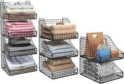 Lyuwanxian 4-Pack Stackable Wire Baskets for Closet Organizers and Storage, Open Storage Bins for Clothes, Toys, and Snacks - Rustic Metal Closet Organizer and Shelves in Black