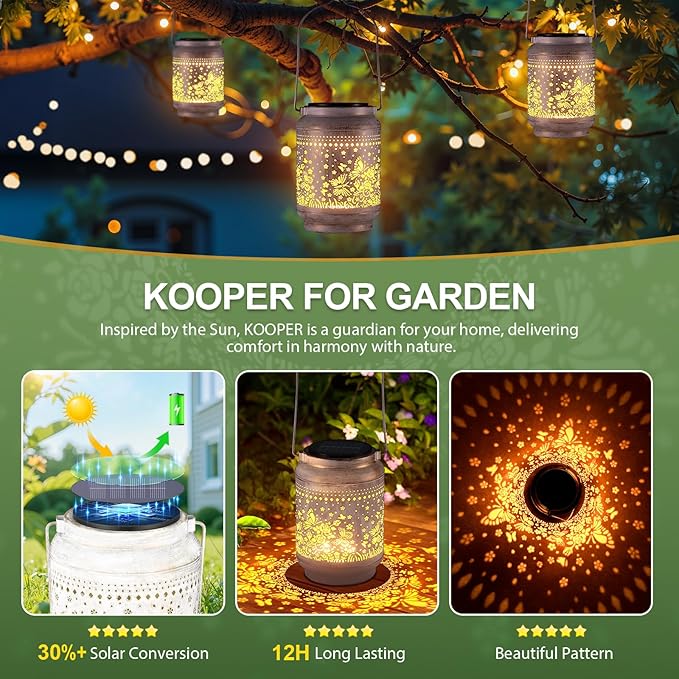 KOOPER 2 Pack Solar Lanterns Outdoor Waterproof Mothers Day Gifts for Women Mom Grandma, Metal Butterfly and Rose Hanging Solar Lantern Outdoor, 2 Modes Outdoor Decoration for Yard, Patio, Garden