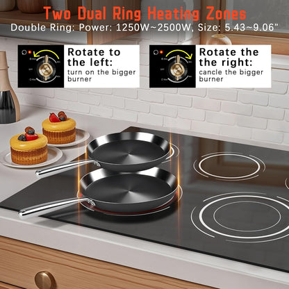 Electric Cooktop 36 Inch - 5 Burner Electric Stove Top with 8400W, 36 Inches Built-in Ceramic Stove with Two Dual Rings, Overheat Indicator, Knob Control, 220V - 240V Hard Wired (No Plug)