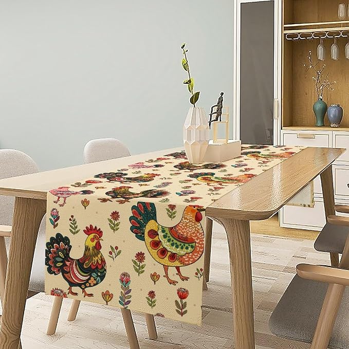 Rustic Farm Animal Table Runner, Vintage Rooster Boho Flowers Table Runner for Kitchen Dining Holiday Home Party 13x120in