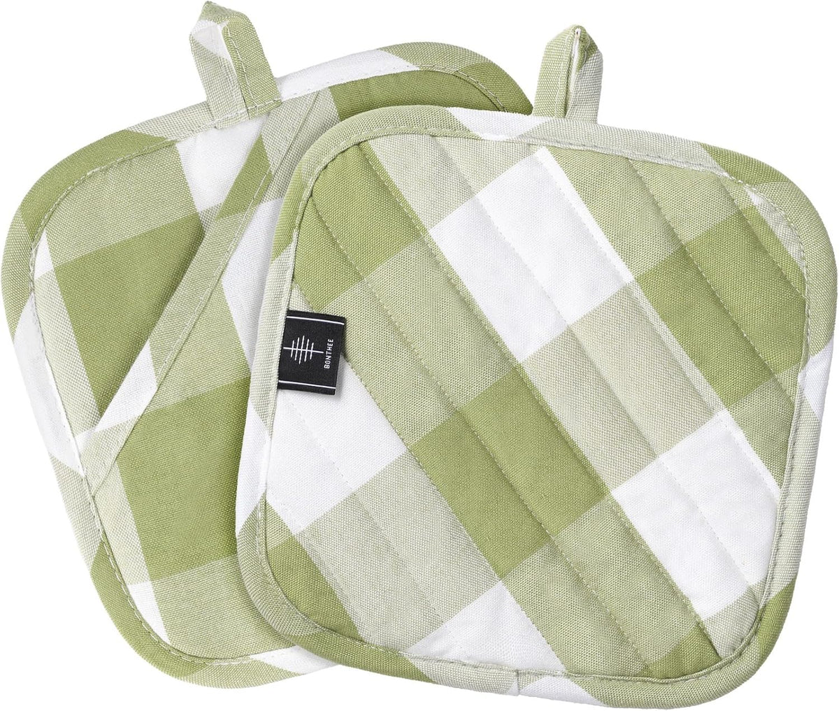 Cotton Pot Holders for Kitchen Heat Resistant Potholder Hot Pads Trivet Coaster Non-Slip Potholders Set for Cooking and Baking (2, Green Plaid, Square，8.27 in²)