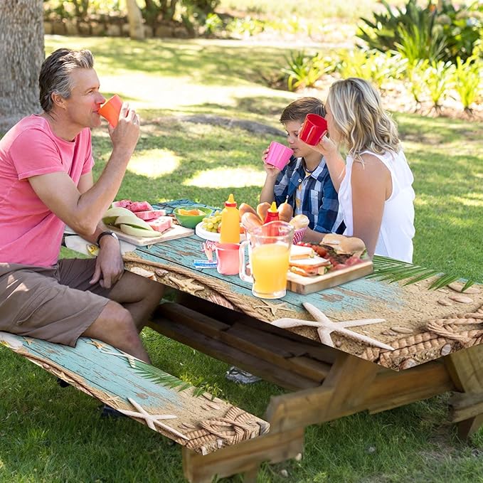Picnic Table Cover with Bench Covers Elastic Edges, Beach Ocean Fitted Table Cover, Outdoor Patio Camping Essentials 72 Inch 3PCS, Waterproof Camping Fitted Tablecloth with Drawstring Bag