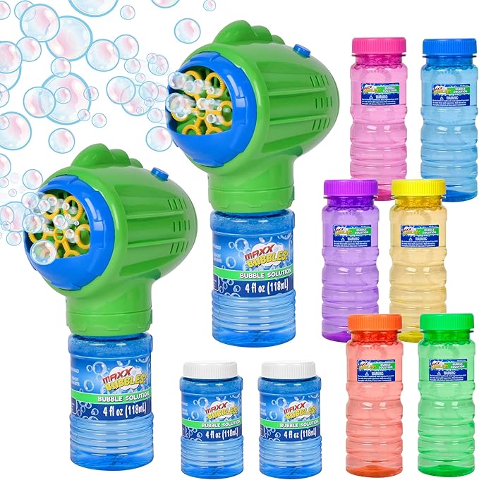 2 Pack Handheld Bubble Blaster Blowing Machine with 8 Refill Bubble Solution Pack, Great Toddler Party Favor and Birthday Gift, 3+
