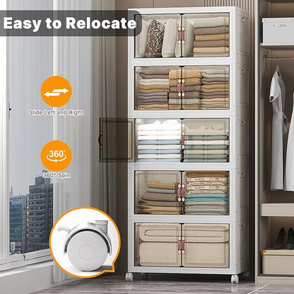 UAMFURI Stackable Storage Bins with Lids, 560QT Closet Organizers and Storage with Doors and Wheels, Extra Large Storage Cabinet, Collapsible Plastic Drawers for Bedroom Dorm Office Garage