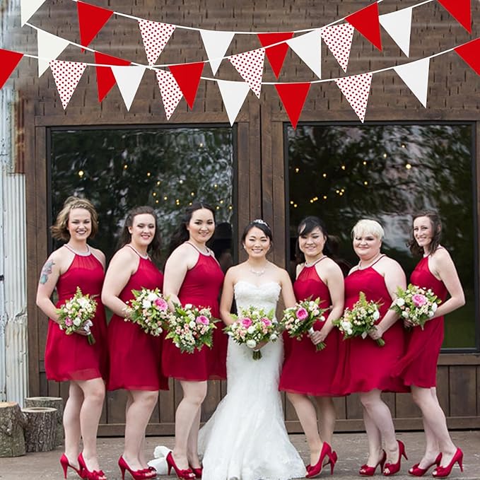 Zwiebeco 39Ft Red White Dot Fabric Bunting Banner Triangle Flags Cotton Garland Pennant for Birthday Wedding Engagement Carnival Party Classroom Nursery Home Outdoor Garden Decorations