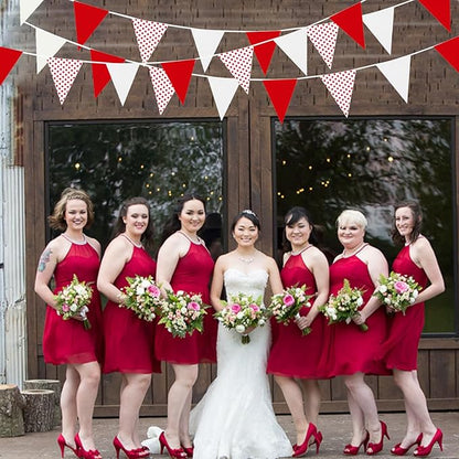 Zwiebeco 39Ft Red White Dot Fabric Bunting Banner Triangle Flags Cotton Garland Pennant for Birthday Wedding Engagement Carnival Party Classroom Nursery Home Outdoor Garden Decorations