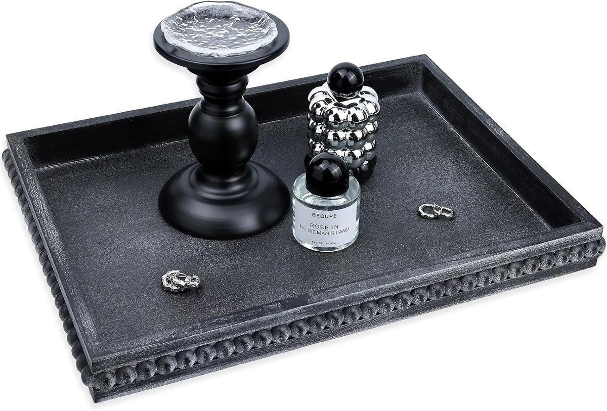 Rectangle Wood Serving Tray with Beads, Black Washed Wooden Decorative Tray for Entertaining, Decoration, and Gifting
