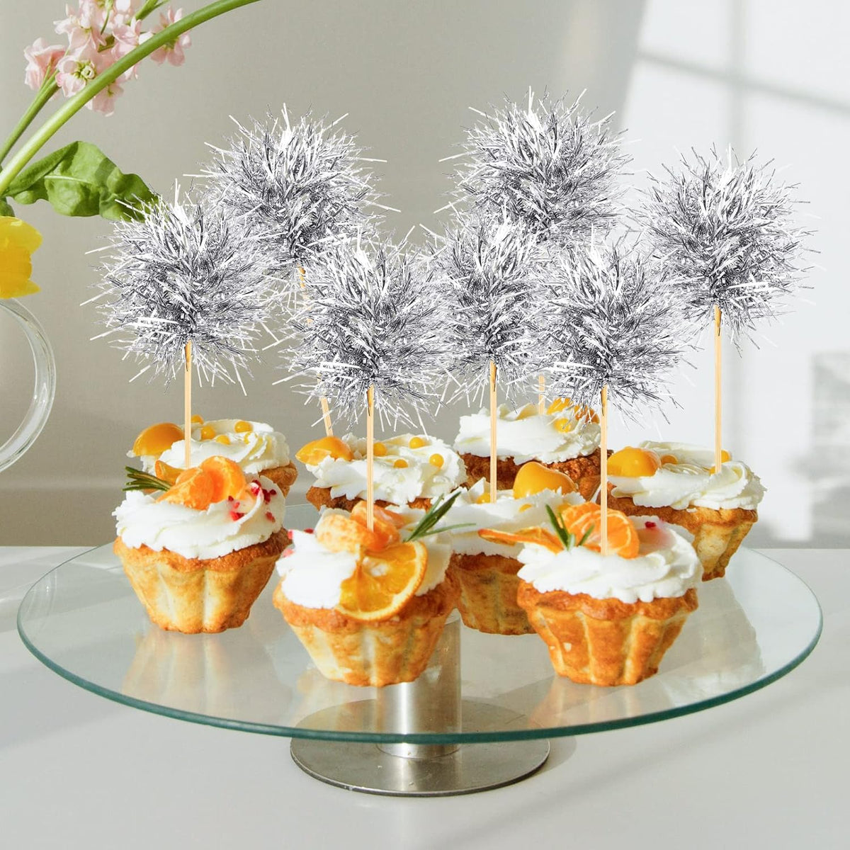 Chinco 100 Pcs Foil Firework Cupcake Toppers Sparkle Tinsel Cake Toppers Cake Decoration Cocktail Fruit Toothpick for Birthday Wedding Graduation Party(Silver)