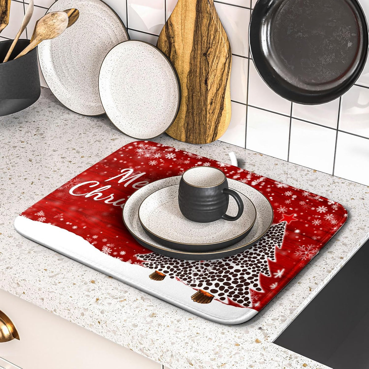Merry Christmas Tree Red Dish Drying Mat for Kitchen Counter,Winter Snowflake Pine Drying Mat 16 x 18 Inch with Absorbent Reversible Microfiber Dish