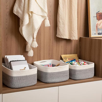 OIASKET Storage Baskets for Organizing 3 Pack, Woven Baskets for Shelves, Closet Organizer Bins Empty Gift Basket Toy Storage for Toys, Books, Towels, Clothes, 15"x11.42"x6.7", Grey