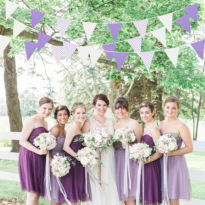 Zwiebeco 39Ft Purple White Dot Fabric Bunting Banner Triangle Flags Hanging Cotton Garland Pennant for Wedding Birthday Tea Party Nursery Home Outdoor Garden Decorations