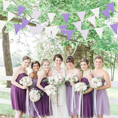 Zwiebeco 39Ft Purple White Dot Fabric Bunting Banner Triangle Flags Hanging Cotton Garland Pennant for Wedding Birthday Tea Party Nursery Home Outdoor Garden Decorations