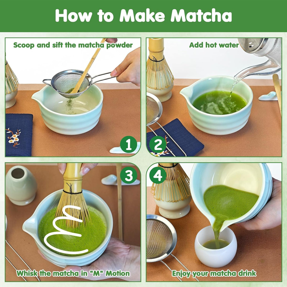 Matcha Whisk Set, 7 Pcs Ceramic Matcha Kit, Matcha Bowl with Spout, Matcha Whisk, Holder, Stainless Sifter, Bamboo Scoop and Tea Towel
