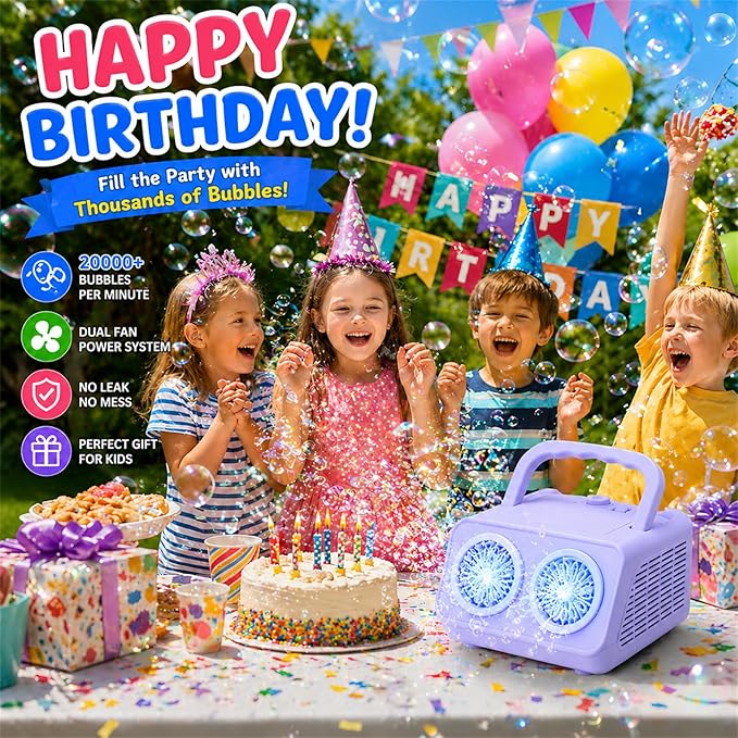 SHCKE Automatic Bubble Machine Upgrade Bubble Blower with 2 Fans,20000+ Bubbles Per Minute, USB-C or Battery Powered,Sealed Bottle, Portable Bubble Maker for Birthday Party Pool Wedding Outdoor