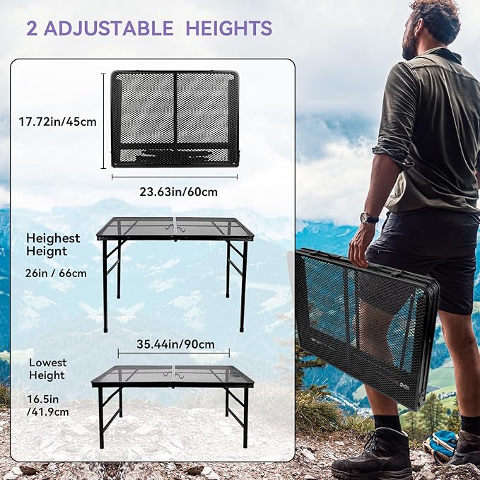 BRIAN & DANY 3x2 FT Folding Grill Table Camping Table, Metal Portable Picnic Table, Lightweight Height Adjustable Foldable Table for Outdoor, Black