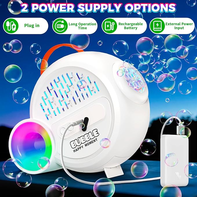 Rechargeable Bubble Machine with Upgrade RGB LED 16 Million Colors, 20000+ Bubbles Per Minute, Portable Bubble Maker for Kids, Weddings, Birthday Parties, Outdoor, Plug in or Battery Power
