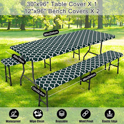 Smiry Picnic Table Cover with Bench Covers, Waterproof Elastic Fitted Tablecloth for 8 Foot Tables, Washable Polyester Tablecloths for Camping, Indoor & Outdoor (Hunter Green, 30x96 Inch 3-pc Set)