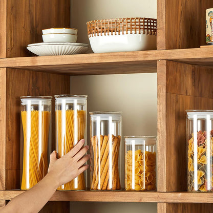Zens Glass Spaghetti Pasta Storage Container with Lids Set of 2, 65oz Tall Clear Airtight Food Storage Jar Canisters for Kitchen Pantry Noodles Flour
