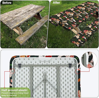 Picnic Table Cover with Bench Covers Camping Essentials Waterproof Windproof Camping Tablecloth with Drawstring Bag, Fitted Rectangle Tables and Seats, 96in, Black Red