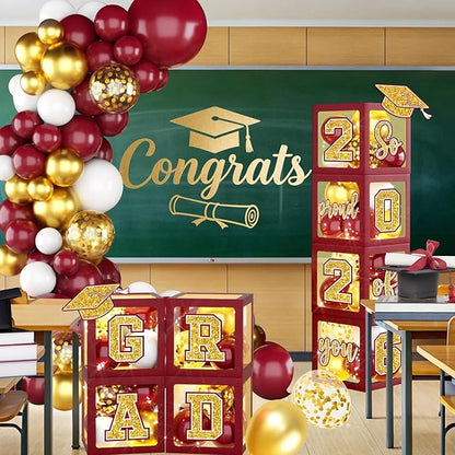 Graduation Decorations Class of 2026,Maroon and Gold Graduation Decorations 2026,Maroon and Gold Grad Balloon Boxes with Letters 2026,So Proud of You Backdrop for Graduation Party