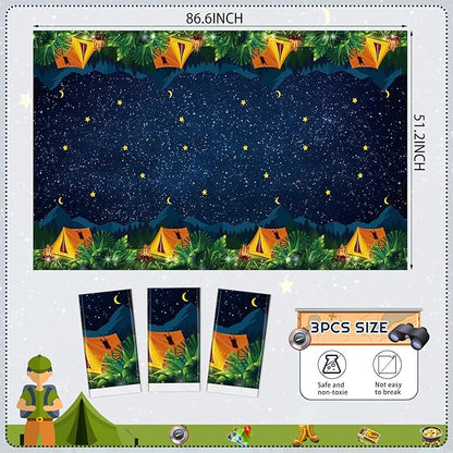Chinco 3 Pieces Camping Tablecloth Campfire Camp Party Decorations Waterproof Plastic Rectangular Table Cover for Picnic Hiking Adventure Birthday Party Supplies