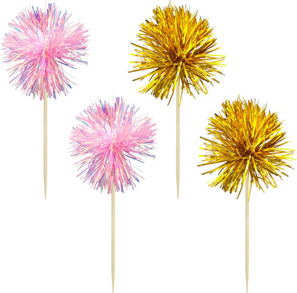 Gyufise 30Pcs Foil Firework Cupcake Toppers Sparkle Tinsel Cake Toppers Tinsel Drink Cake Decoration Cocktail Picks for Birthday Wedding Graduation Party Supplies Gold Pink