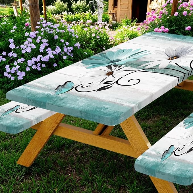 Rustic Farmhouse Teal Flower Picnic Table Cover with Bench Covers, Waterproof Teal Daisy Floral Flowers Butterfly on Country Wooden for Camping Indoor Outdoor Party Decorations, 30X72in