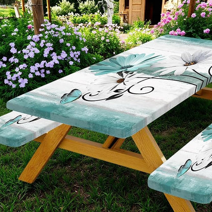 Rustic Farmhouse Teal Flower Picnic Table Cover with Bench Covers, Waterproof Teal Daisy Floral Flowers Butterfly on Country Wooden for Camping Indoor Outdoor Party Decorations, 30X72in