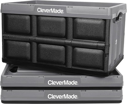 CleverMade Collapsible Storage Bins 46L (3-Pack) – Heavy Duty Collapsible Plastic Storage Bins, Stackable Folding Storage Bins for Car, Garage, Home Organization - Foldable Bins, Stone