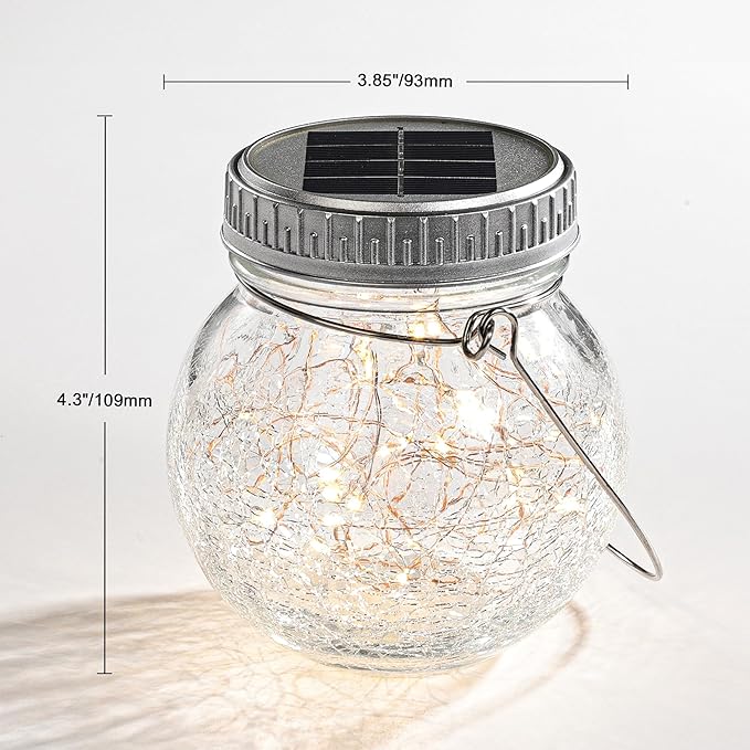 Cooo 2 Pack Crackle Glass Solar Lantern with 30 LED Firefly Lights– Waterproof Outdoor Hanging Lamp 215% Larger Solar Panel, Anti-Rust Lids Decorative Lighting for Garden Patio Table