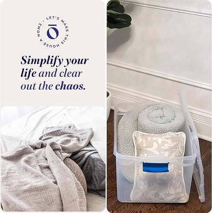 HOMZ 2-Pack Latching Lid, Large Clear Plastic Storage Bins with Lids, 66 Quart, Blue Latch - Stackable Container Boxes for Home, Bathroom, and Office Organization