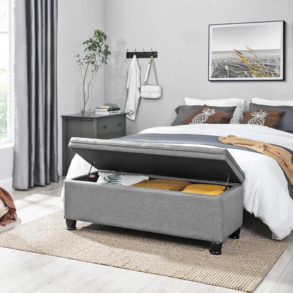 SONGMICS Storage Ottoman, Storage Bench, Tufted Entryway Bedroom Bench, 17.7 x 46.5 x 17.7 Inches, Hinges Easy Lid Operation, Wooden Legs, Linen-Look Cover, Loads 330 lb, Light Gray ULOM070G02